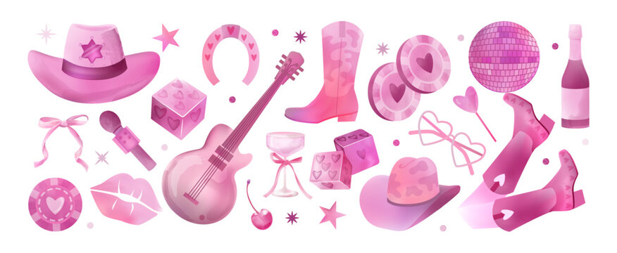 Disco cowgirl set. Pink watercolor party stickers, western girly boots or vintage ball and drink. Bachelorette in Vegas. Guitar festive music isolated decorative elements. Vector print