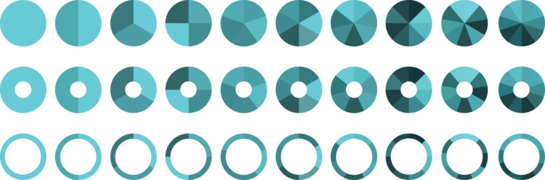 Pie chart set, Circle icons for infographic. Colorful diagram collection with 1,2,3,4,5,6,7,8,9,10 sections and steps. Circle pie chart diagram. Set of colorful pie charts with varying segments.