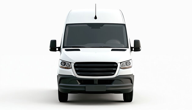 White cargo van front view. Clean modern vehicle for delivery and transport services. Minimal background for commercial use. Business logistics automobile.