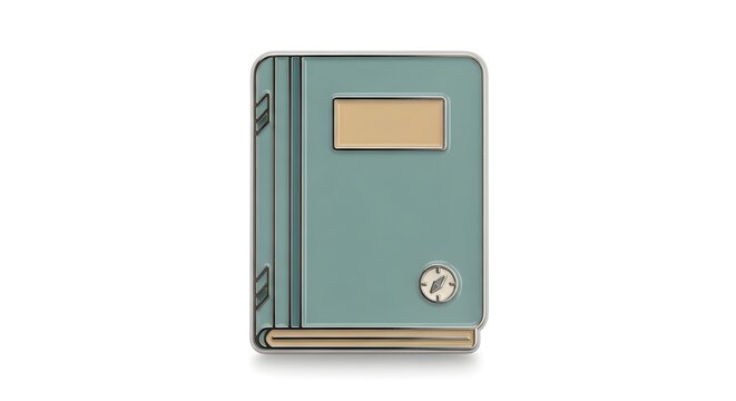 Vintage book shaped enamel pin isolated on white, representing literature, learning, storytelling, and intellectual pursuits, perfect for educational content.