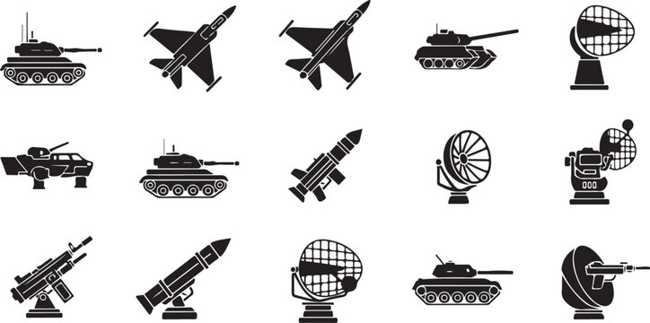 Military icons, warfare symbols, tank, missile, satellite graphics, 20 black vector graphics