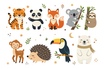 Fototapeta premium Adorable animals vector collection including a tiger, panda, fox, koala, sloth, hedgehog, toucan, and polar bear. ideal for nursery wall art, children's stationery, baby shower invitations