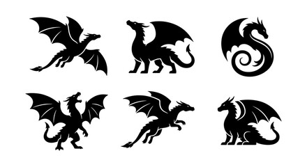 Mythical dragon silhouettes set, 6 black dragon vector icons, fantasy creature mascot collection, flying and standing dragon graphic elements © Zubair