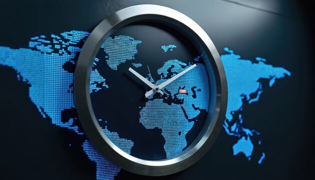 Metal framed clock face shows blue digital world map. Hands indicate time over continents with binary code dots. Global time and connection concept.