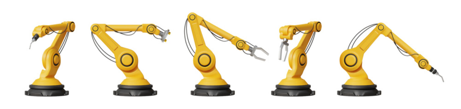 3D robot arm. Machine factory industry. Mechanic hand for automated manufacture or hydraulic crane tool. Production assembly line equipment. Conveyor manipulator. Vector isolated set