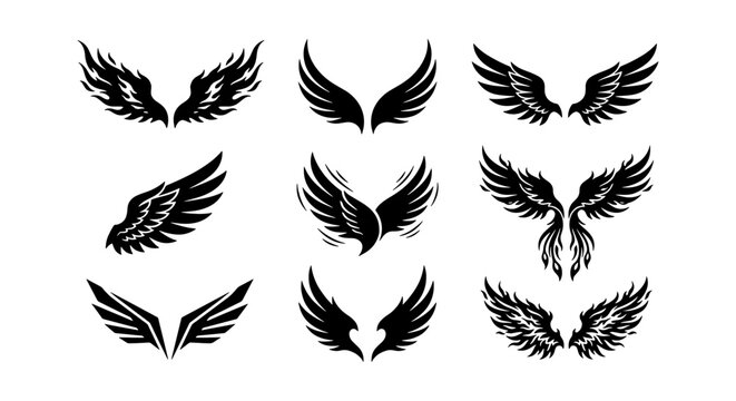 Black wing silhouette icons set, heraldic eagle and bird wings collection, 9 vector wing elements for logo design and tattoo art