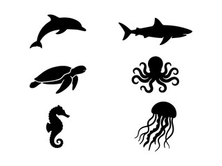 Black sea animal silhouettes collection, 6 marine life vector icons, aquatic creature set with shark, dolphin, turtle, octopus, seahorse and jellyfish © Rafia