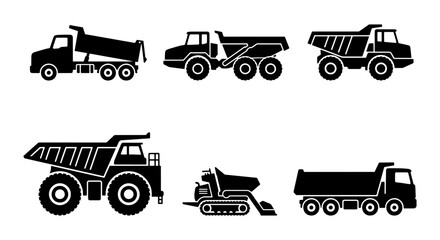 Heavy construction dump truck icons, set of 6 black silhouettes of industrial tipper vehicles, mining and earthmoving machinery vector graphics © Rafia