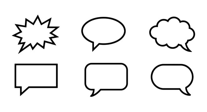 Minimalist speech bubble icons, set of 6 comic book chat clouds, black outline talk bubbles for social media and messaging UI design