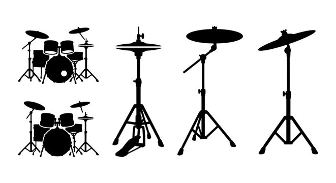 Drum kit silhouette collection, musical instrument vector set with cymbals and stands, black percussion equipment icons on white background