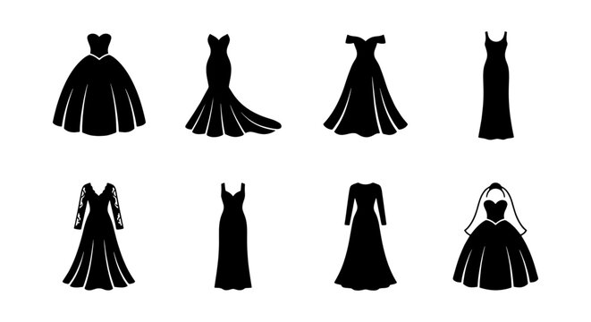 Elegant wedding dress silhouette set, 8 bridal gown vector icons. Formal evening dress collection, black fashion silhouettes for marriage events