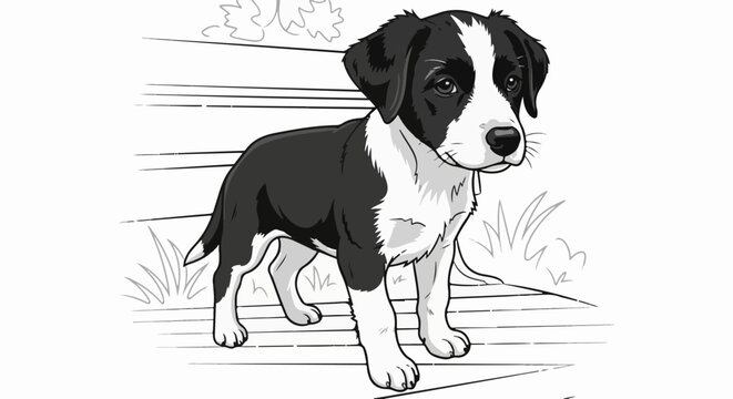 A black and white drawing of a border collie puppy standing on wooden planks