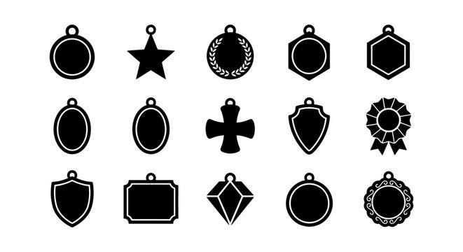 Black medal silhouette icons set, 15 award trophy and prize medal shapes, flat vector sport achievement and military honor badge collection