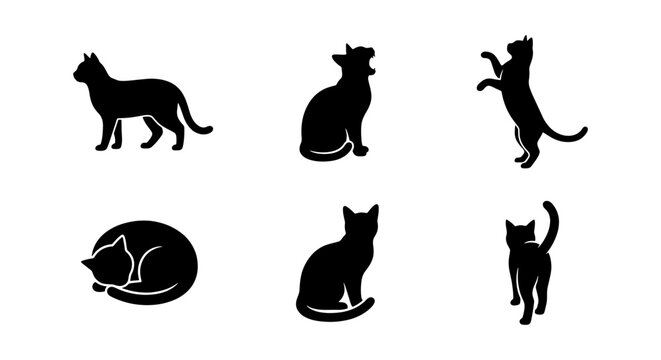 Black cat silhouette collection, set of 6 feline vector icons in various poses, minimalist domestic cat outlines for pet branding and logo design