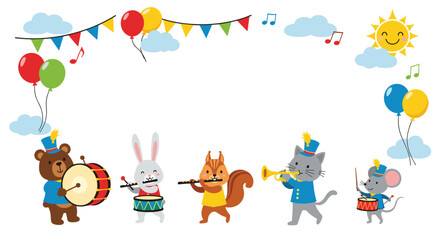Fototapeta premium Decorative frame featuring bear rabbit squirrel cat and mouse playing musical instruments in a marching band under sun.