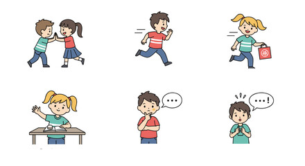 Fototapeta premium Illustration set of children engaged in various daily activities like running playing together studying and using mobile devices.