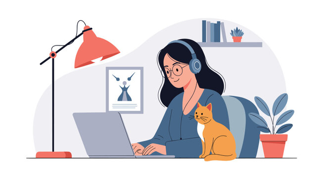 Young woman wearing headphones working on a laptop at a desk with her pet cat sitting nearby in a cozy home office setting.