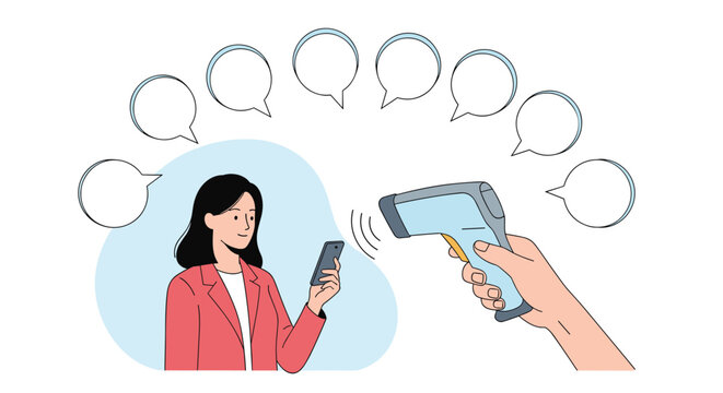 Temperature check procedure showing a hand holding an infrared thermometer scanning a woman holding a smartphone with empty speech bubbles.