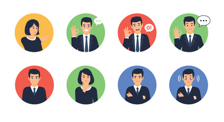 Fototapeta premium Set of professional business character icons in circular frames displaying various emotions and gestures for communication and feedback.