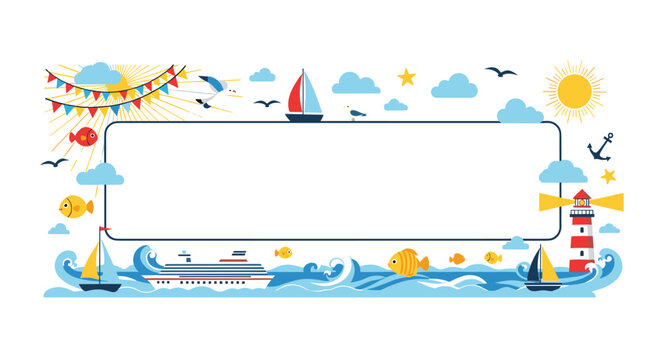 Marine themed frame with a central blank area decorated with cruise ships sailboats fish a lighthouse and nautical elements on waves.
