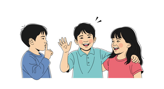 Group of happy children interacting with one boy gesturing for silence while his friends smile and wave in a friendly social setting.