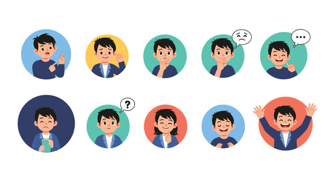 Collection of facial expression icons for a male character showing various moods like confusion, happiness, and thoughtfulness in circles.