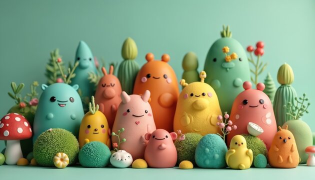 Cute colorful clay monsters gather in whimsical group. Friendly whimsical characters with soft round shapes pose together in playful nature scene. Many creatures smiling faces, unique joyful