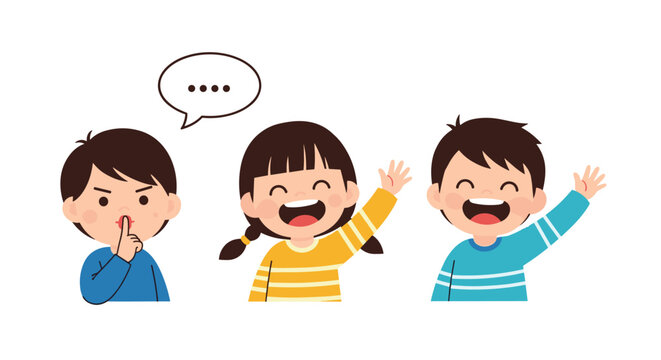 Set of child characters where one boy requests silence while his two friends wave cheerfully for communication and greeting themes.
