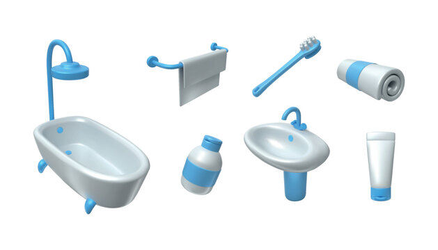 3d clean tools. Toothbrush teeth hygiene sanitary products, shower or bath toiletries, brush, sink with faucet, cleanliness and home care. Vector render cute cartoon household elements set