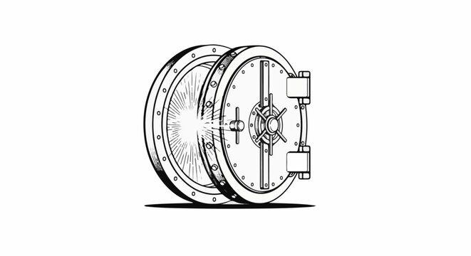 Detailed line art illustration of a bank vault door, half open