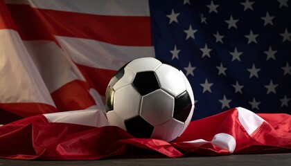 Fototapeta premium American soccer ball rests on a torn US flag with baseball