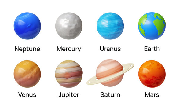 3D planet. Solar system with Mars, Jupiter and Mercury. Astronomy space. Star ring as clay sphere. Earth globe. Galaxy comet. Educational inscription. Vector render cosmic orbs set