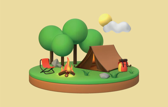 3d camp. Forest tree, tent and burning fire, cute bush garden or cloud tent for summer adventures. Plastic nature weekend, outdoor leisure. Vector render cartoon isolated illustration