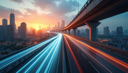 Fototapeta premium Modern city highway overpass with light trails shows fast movement. Urban cityscape with skyscrapers at sunrise. Blue and orange streaks suggest speedy travel. Infrastructure concept.