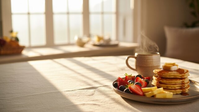 Pancakes with butter and syrup on a plate with fruit and a cup of coffee on a table by a window