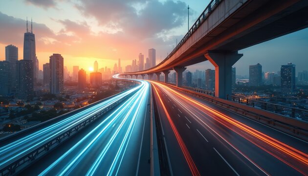 Modern city highway overpass with light trails shows fast movement. Urban cityscape with skyscrapers at sunrise. Blue and orange streaks suggest speedy travel. Infrastructure concept.