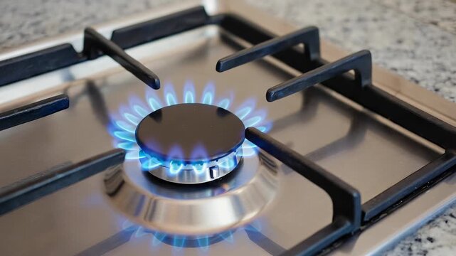 Close-up view of a modern gas cooktop burner lit with bright blue flame, illustrating the power and efficiency of kitchen cooking and domestic appliances