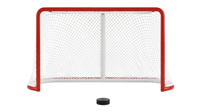hockey goal with red frame white net and black puck on white background