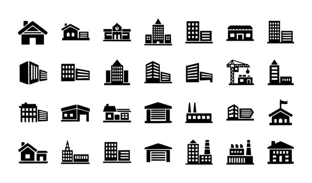 Real estate building solid glyph icon collection with residential and commercial structures vector