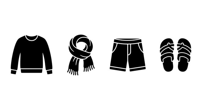 Minimalist black clothing icons set, seasonal apparel vector elements including sweater and scarf, summer shorts and sandals silhouettes