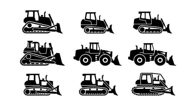 Heavy construction bulldozer icons set, black silhouette crawler tractors and earthmoving machinery, 9 industrial loader vector elements