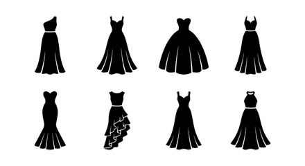 Elegant evening gown silhouettes, set of 8 black formal dress icons, luxury bridal and prom fashion vector elements for wedding invitations © Shohag