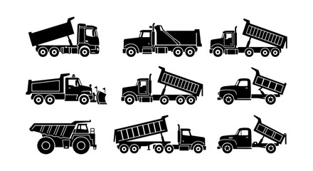 Dump truck silhouette collection, 9 heavy construction vehicle icons, industrial tipper truck vector set for logistics and building site signage © Shohag