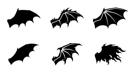 Black dragon wings silhouette set, mythical creature wing icons, gothic bat and demon wing collection, 6 vector fantasy wing elements for logo design © Shohag