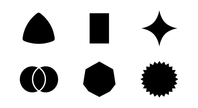 Minimalist black geometric shapes set, collection of 6 abstract vector icons, modern silhouette symbols for logo design and branding