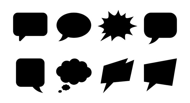 Black speech bubble silhouettes set, 8 comic talk cloud icons, flat chat message bubbles and thought clouds for communication design