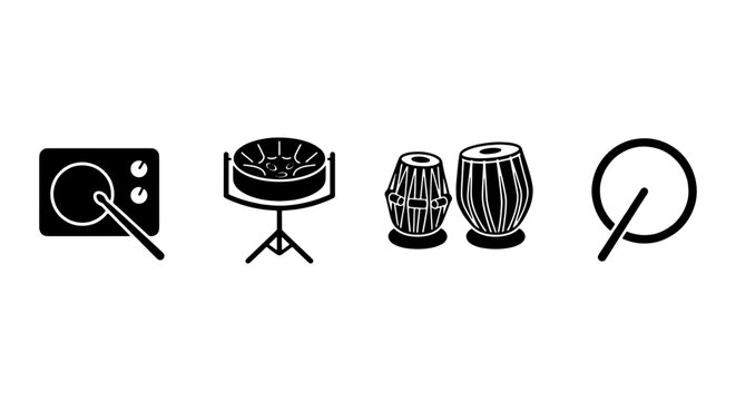 Traditional Indian musical instruments icon set, black and white tabla and percussion vector illustrations, ethnic music equipment symbols