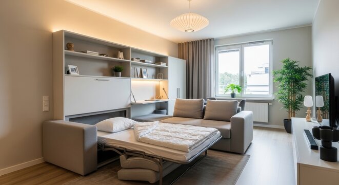 Modular Sofa Bed Transforming a Compact Living Space into a Comfortable Bedroom Area