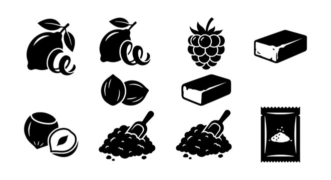 Black and white food ingredient icons, culinary baking elements vector set, lemon and hazelnut symbols, raspberry and cocoa powder graphics