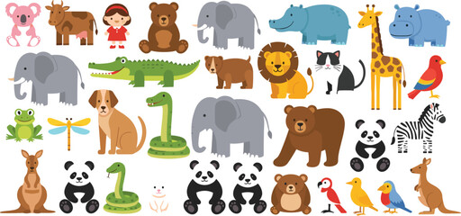 Obraz premium Cartoon Animal Collection with Wild and Zoo Creatures Including Elephant Giraffe Lion Panda Crocodile and Birds Vector Illustration Set